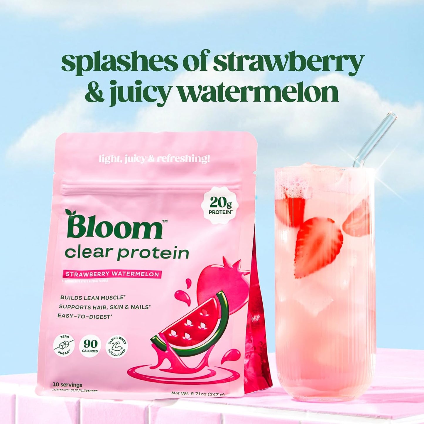 Bloom Nutrition Clear Whey Protein, Strawberry Watermelon, 10 Servings | Whey Protein Isolate with Collagen Peptides & Digestive Enzymes, 20G Protein, Sugar Free Post Workout Drink Mix, 90 Calories